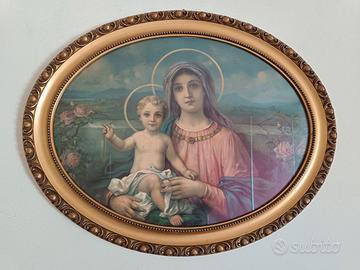 ANTICO CAPOLETTO OVALE IN LEGNO MADONNA CON BAMBIN