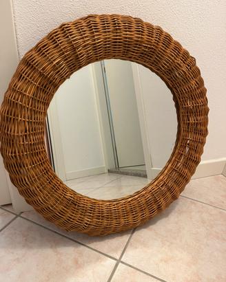 Specchio rotondo con cornice in rattan. Diam 60