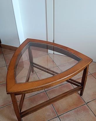 Tavolino angolare in legno con piano in vetro