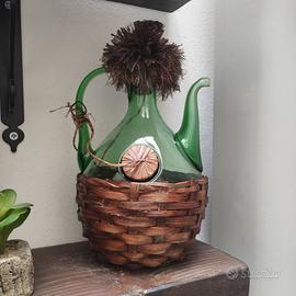 Antico Fiasco Decanter Vetro Soffiato Impagliato