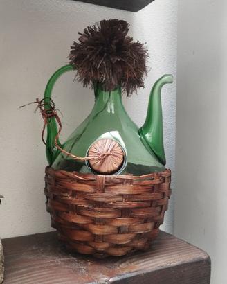 Antico Fiasco Decanter Vetro Soffiato Impagliato