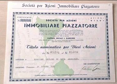 certificato azionario IMMOBILIARE PIAZZATORRE SpA 