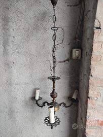 lampadario vintage a 3 luci, in lega di ottone