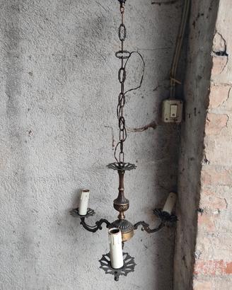 lampadario vintage a 3 luci, in lega di ottone