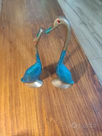 Coppia di Cigni / Anatre in Ottone Vintage Smaltat