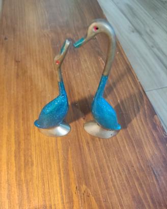 Coppia di Cigni / Anatre in Ottone Vintage Smaltat