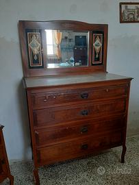 Comò con specchiera + comodino in legno e marmo