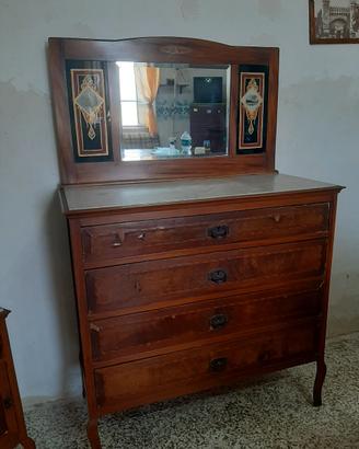 Comò con specchiera + comodino in legno e marmo