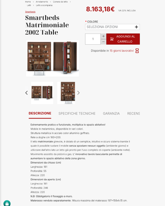 Mobile letto girevole 2 piazze con libreria/tavolo