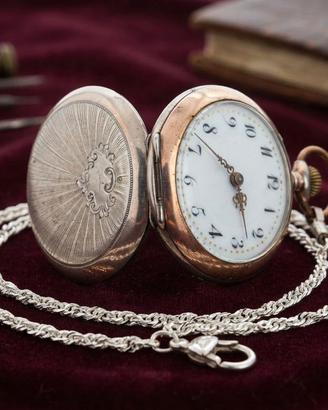 Stupendo orologio collo argento oro fine 1800