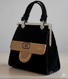 elegante borsa vintage in velluto nero e cammello 