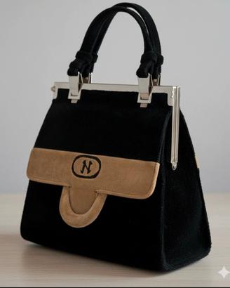 elegante borsa vintage in velluto nero e cammello 