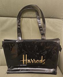 Borsa Harrods PVC nera lucida con logo oro