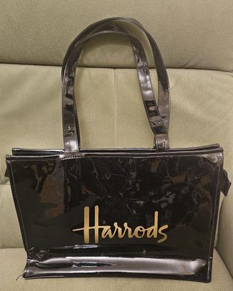 Borsa Harrods PVC nera lucida con logo oro