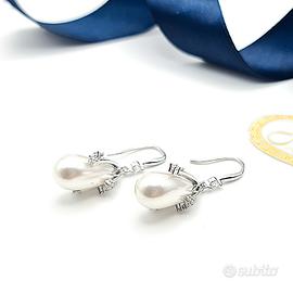 Orecchini donna acciaio perla e zirconi pendenti