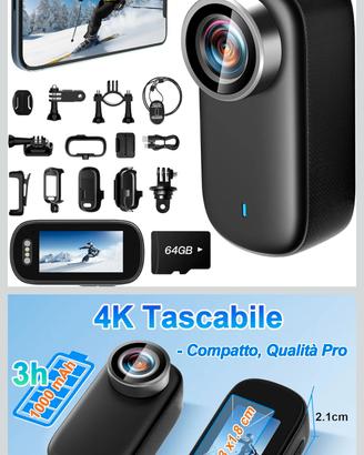 Mini Action Cam 4K UHD WiFi con Schermo 64GB, 150°