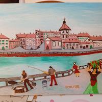 Quadro Naif pescatori al fiume. 30x40.