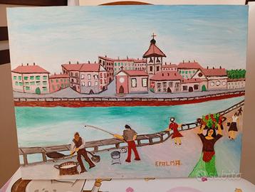 Quadro Naif pescatori al fiume. 30x40.