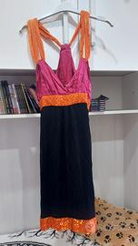 Abito da sera corto nero fucsia e arancione 