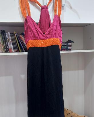 Abito da sera corto nero fucsia e arancione 