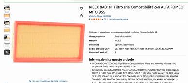 FILTRO ARIA  NUOVO ARCA RIDEX  8A0181