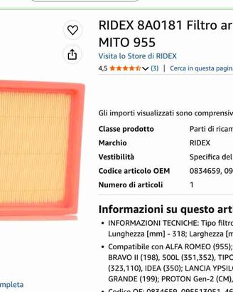 FILTRO ARIA  NUOVO ARCA RIDEX  8A0181