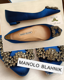 MANOLO BLAHNIK BALLERINE HANGISI raso di seta blu