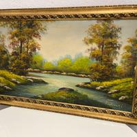 Quadro con dipinto olio su tela paesaggio fluviale