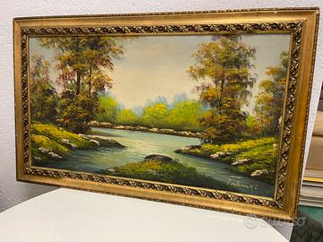Quadro con dipinto olio su tela paesaggio fluviale