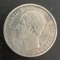 Moneta argento Leopoldo I Belgio 1853 da 5 franchi