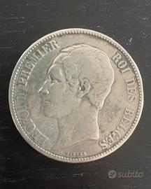 Moneta argento Leopoldo I Belgio 1853 da 5 franchi