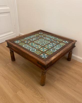 Tavolino etnico 90x90 - legno massello e maioliche