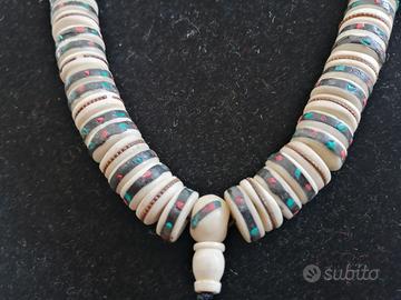 collana mala tibetana in osso e intarsi