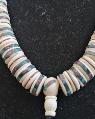 collana mala tibetana in osso e intarsi