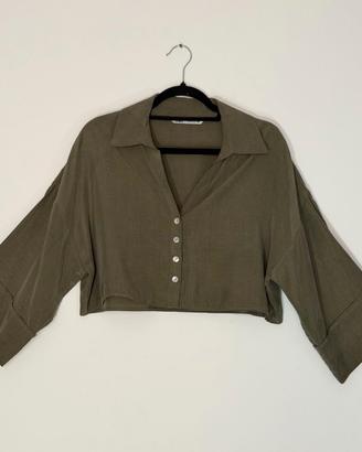Camicia crop Zara da donna, colore verde, taglia S