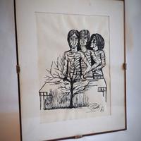 Disegno a china firmato con cornice in legno