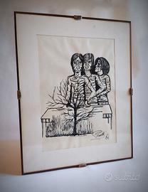 Disegno a china firmato con cornice in legno