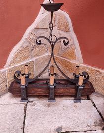 Lampadario 6 luci in legno e ferro battuto 