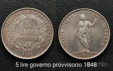 5 lire 1848 governo provvisorio 