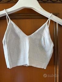 Crop Top Bianco a Costine con Spalline Sottili