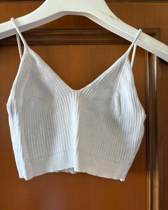 Crop Top Bianco a Costine con Spalline Sottili