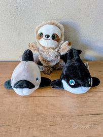 Trio peluche: bradipo, delfino e orca