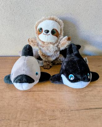 Trio peluche: bradipo, delfino e orca