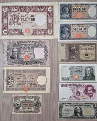 Lotto 10 banconote Italiane rare, una è straniera