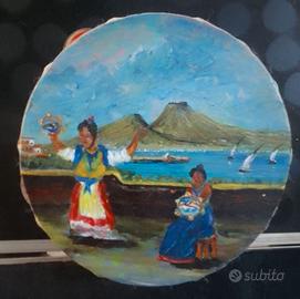 Dipinto acrilico su tamburella di legno