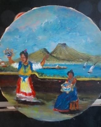 Dipinto acrilico su tamburella di legno