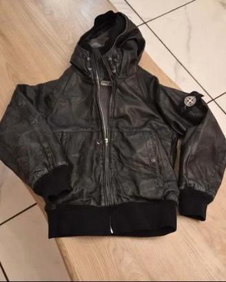 Stone island junior  bomber vera pelle badge ice