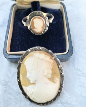Cammeo spilla e anello argento 800