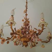 Lampadario classico rame e fiori di porcellana