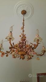 Lampadario classico rame e fiori di porcellana